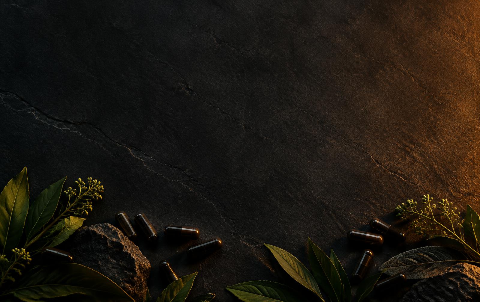 Dark botanical ingredients and capsules on a stone surface